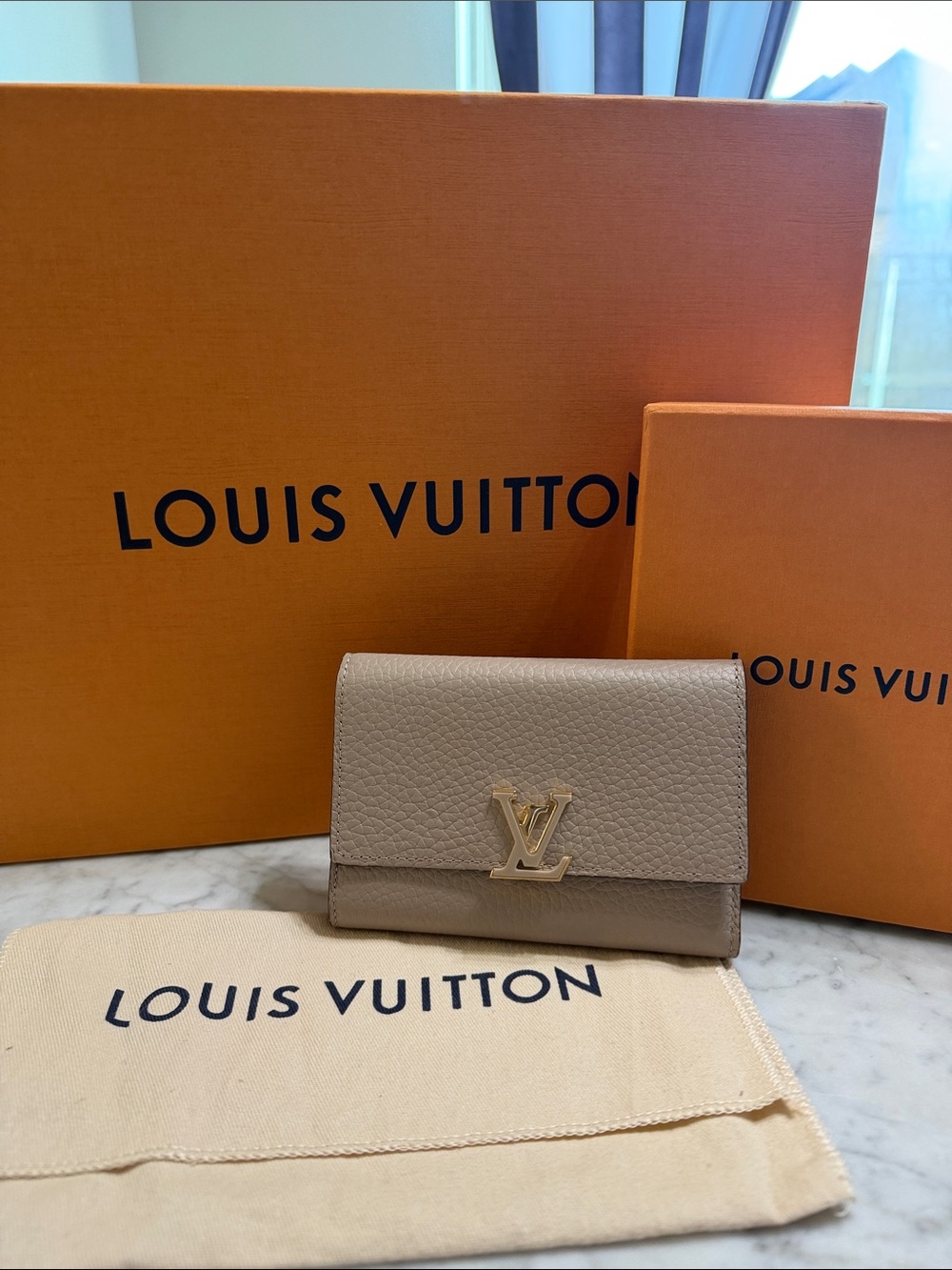 Louis Vuitton Beige/Taupe Grained Leather Compact Wallet with Gold LV Accent